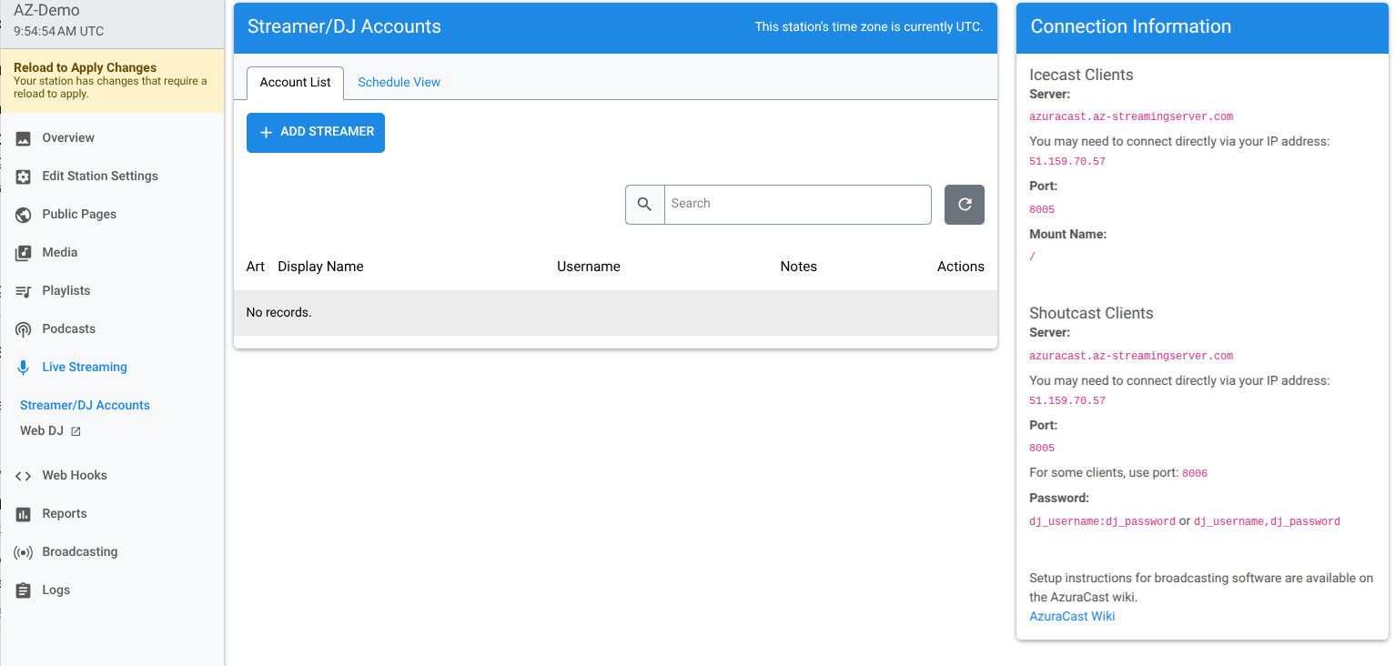 AzuraCast dashboard quick links section