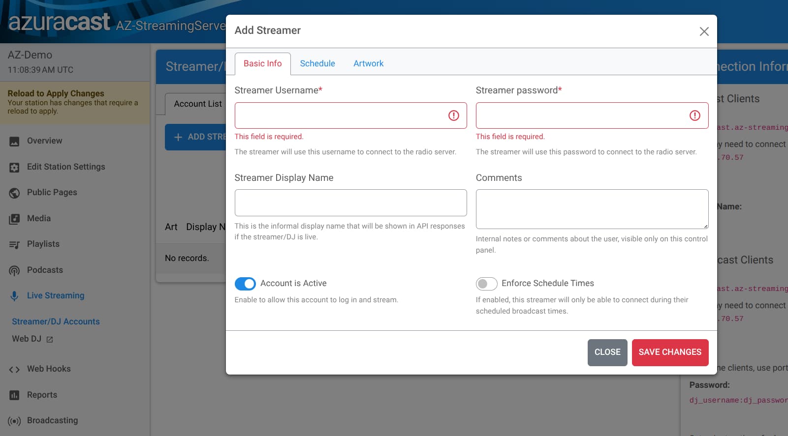 Adding a DJ account in AzuraCast dashboard.