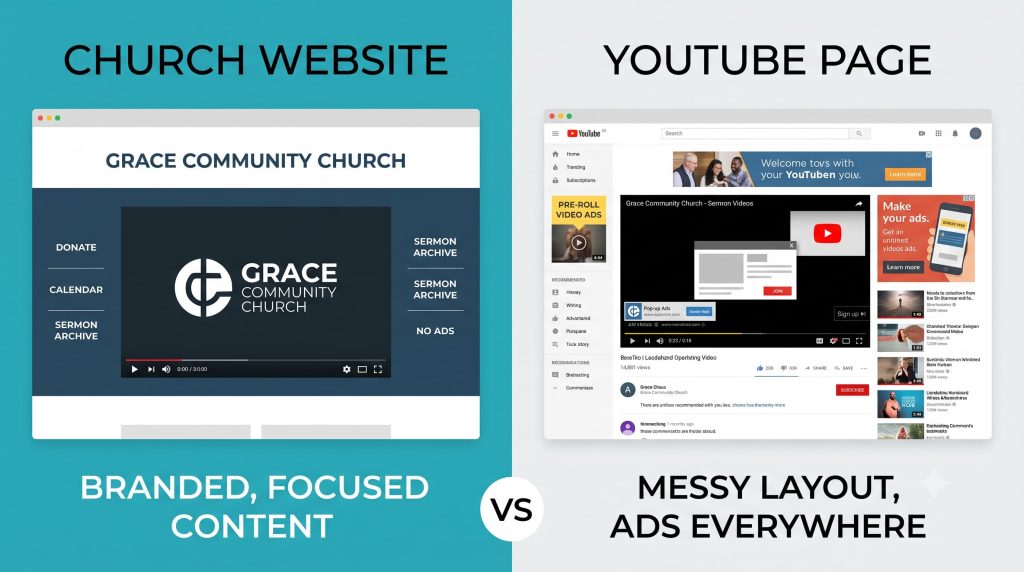 Ad-free ministry streaming hosting embedded on a church website