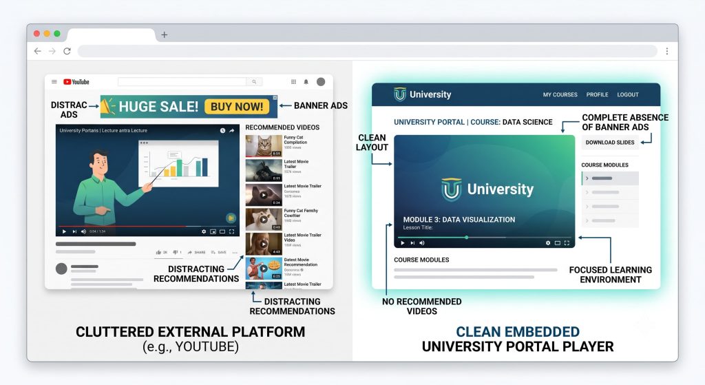 Ad-free video hosting embedded in an online learning portal