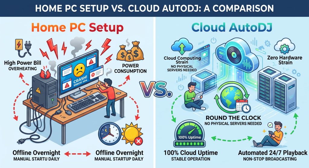 Cloud AutoDJ server vs local PC radio broadcasting